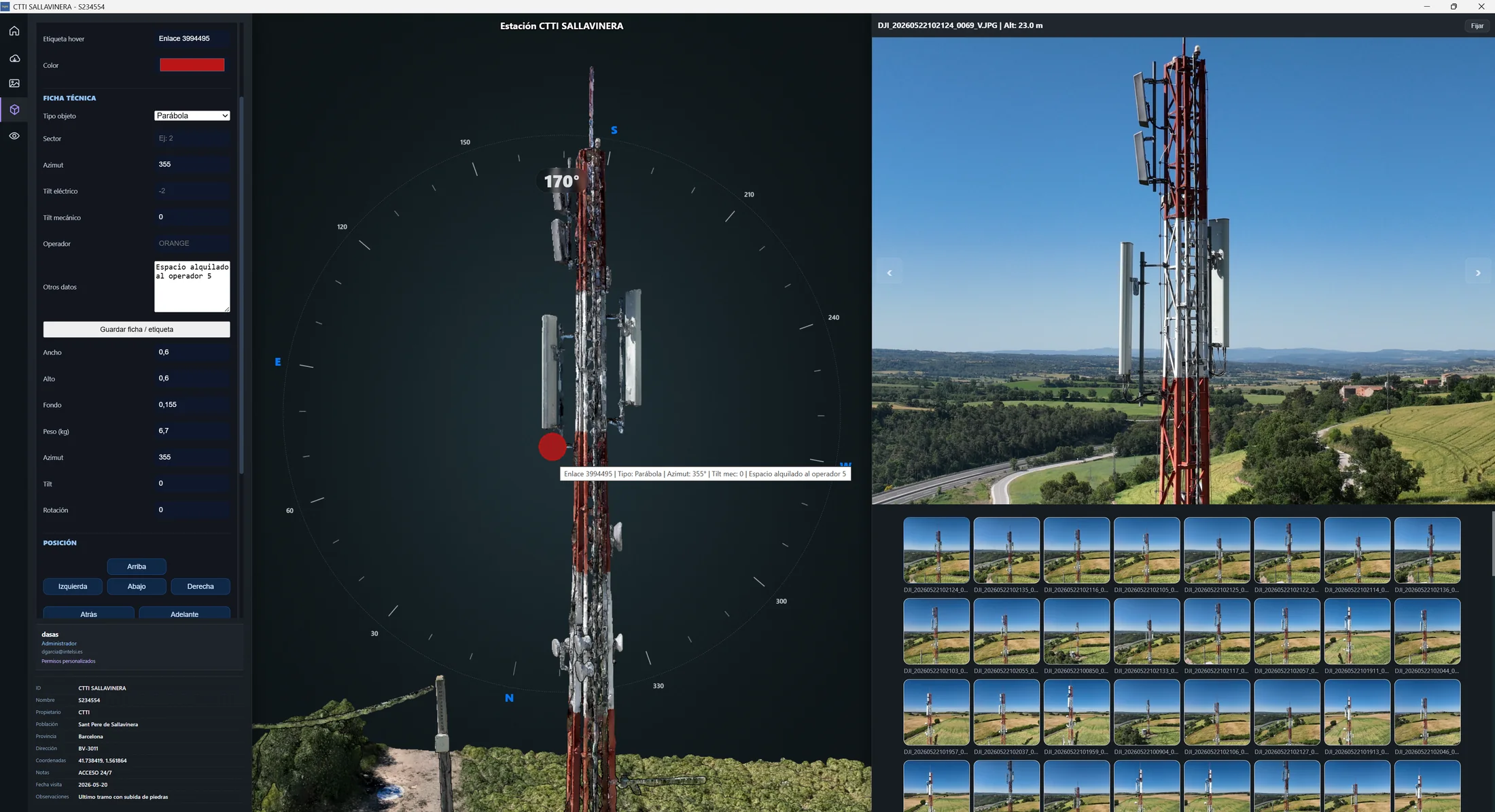 Inventario de antenas y objetos 3D sobre una torre en TAMS